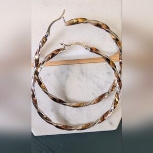 Bold Silver and Brown Twisted Hoop Earrings